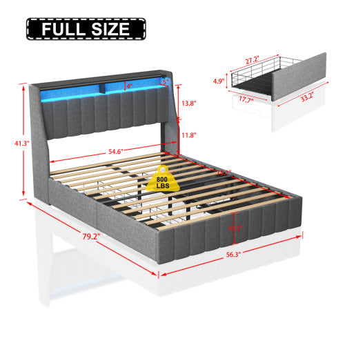 Estructura de Cama de Tamaño Completo con LED, 4 Cajones de Almacenamiento Portátiles Bajo la Cama, Diseño de Cabecero con Alas, Gris Claro
