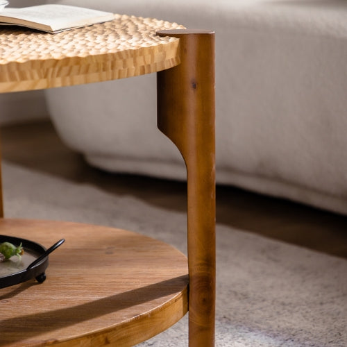 Mesa de Centro Redonda de Madera Maciza para Sala de Estar, Mesa de Centro Redonda de 2 Niveles con Estante de Almacenamiento, Mesa de Centro de Estilo Moderno de Mediados de Siglo, Espacio Pequeño en el Hogar, Ensamblaje Fácil