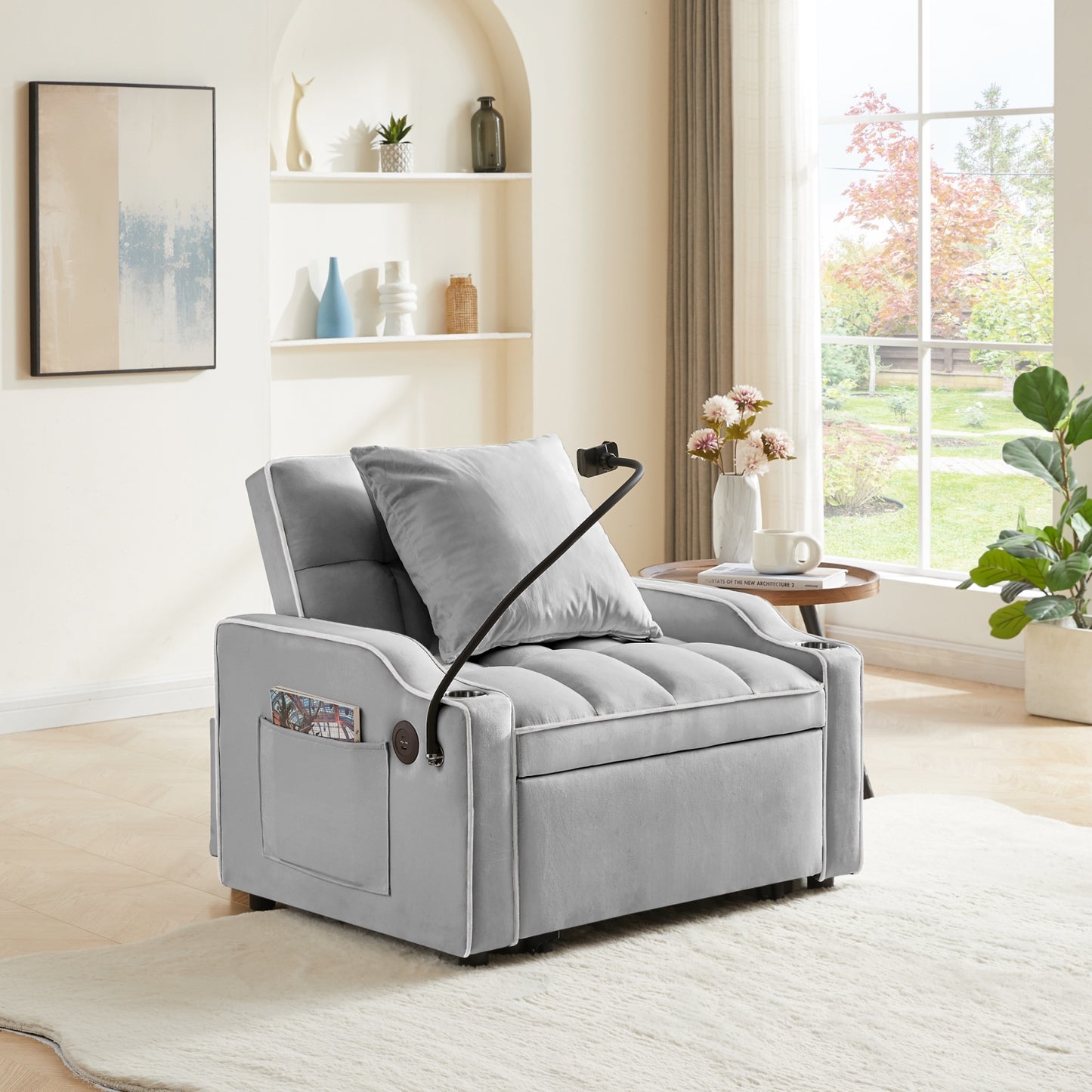 Convertible Sleeper Chair Sofa Bed Adjustable Pull Out Sleeper Chair Bed Multi-Pockets Folding Sofa