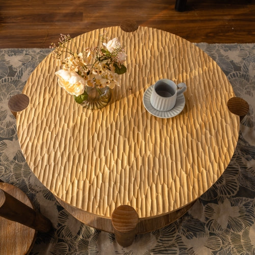 Mesa de Centro Redonda de Madera Maciza para Sala de Estar, Mesa de Centro Redonda de 2 Niveles con Estante de Almacenamiento, Mesa de Centro de Estilo Moderno de Mediados de Siglo, Espacio Pequeño en el Hogar, Ensamblaje Fácil