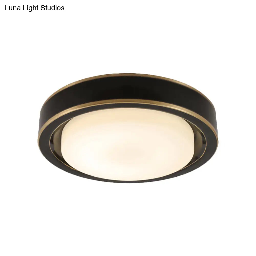 15"/19" Black/Brass Drum Ceiling Light Fixture with Classic Frosted Glass and LED for Bedroom - Flush Mount in White/Warm Light