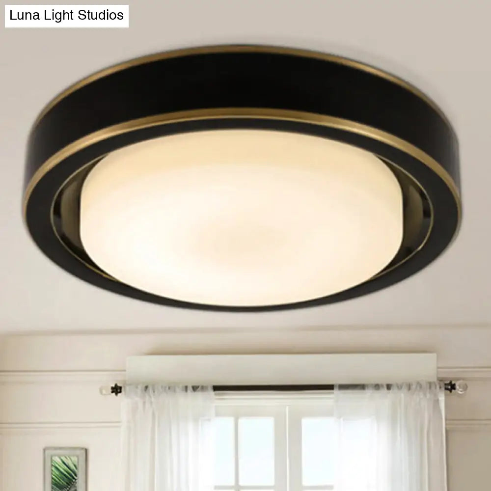 15"/19" Black/Brass Drum Ceiling Light Fixture with Classic Frosted Glass and LED for Bedroom - Flush Mount in White/Warm Light