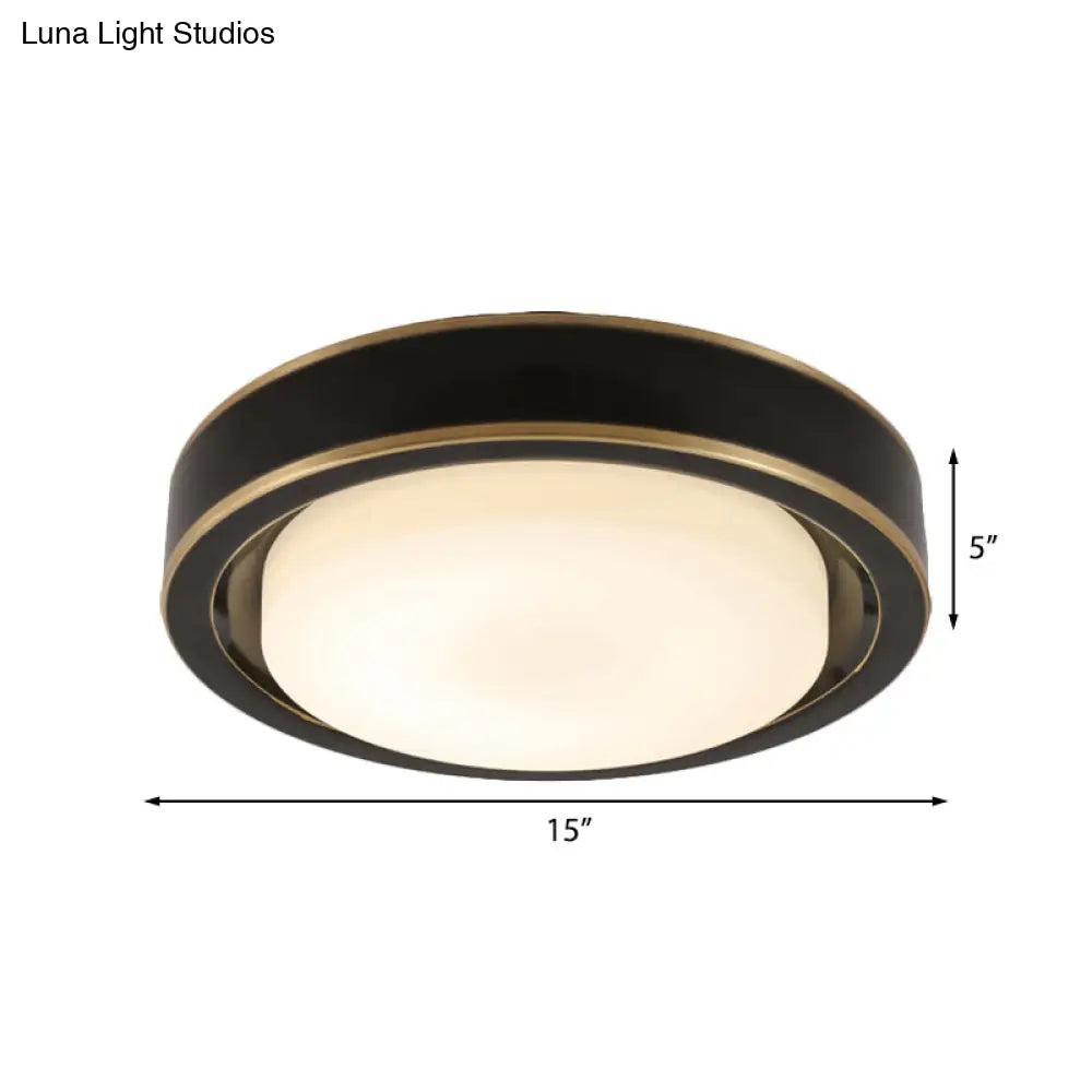 15"/19" Black/Brass Drum Ceiling Light Fixture with Classic Frosted Glass and LED for Bedroom - Flush Mount in White/Warm Light