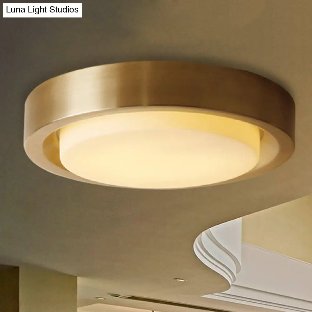 15"/19" Black/Brass Drum Ceiling Light Fixture with Classic Frosted Glass and LED for Bedroom - Flush Mount in White/Warm Light