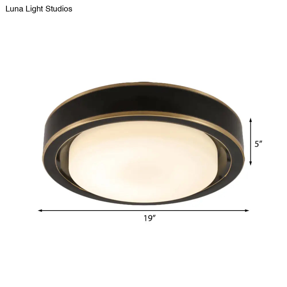 15"/19" Black/Brass Drum Ceiling Light Fixture with Classic Frosted Glass and LED for Bedroom - Flush Mount in White/Warm Light