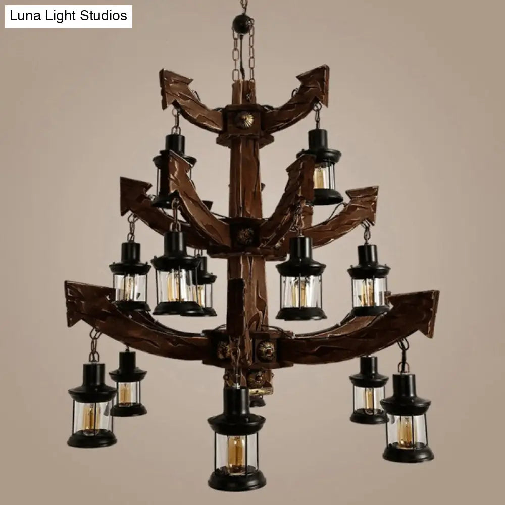 15-Head Wood Black Chandelier - Industrial Tree/Rudder Suspension Lighting Fixture