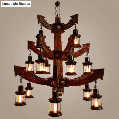 15-Head Wood Black Chandelier - Industrial Tree/Rudder Suspension Lighting Fixture