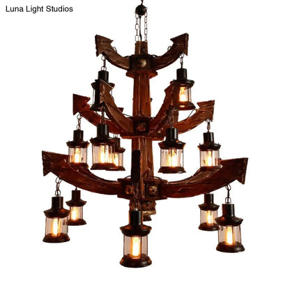 15-Head Wood Black Chandelier - Industrial Tree/Rudder Suspension Lighting Fixture