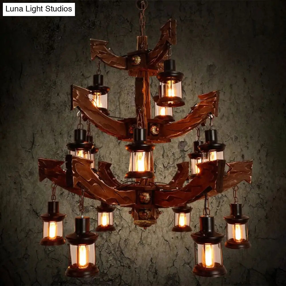 15-Head Wood Black Chandelier - Industrial Tree/Rudder Suspension Lighting Fixture