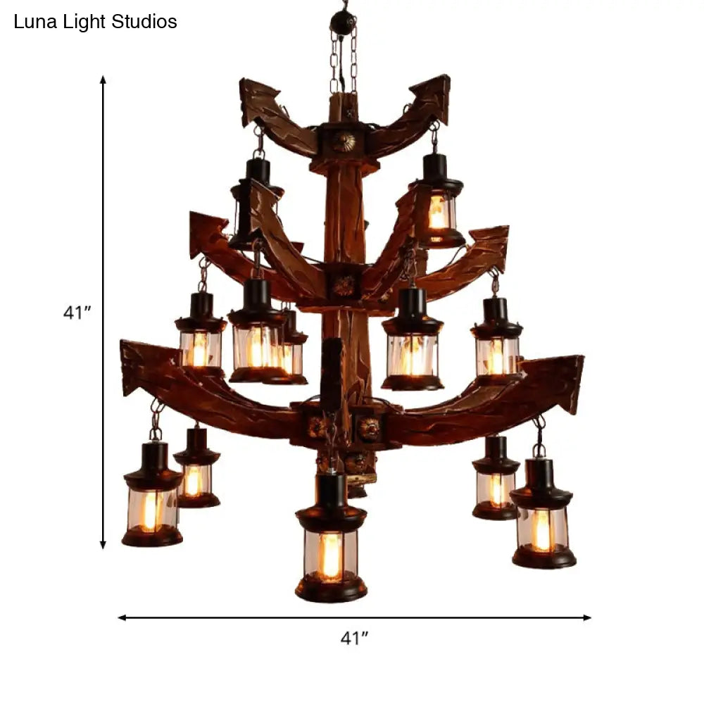 15-Head Wood Black Chandelier - Industrial Tree/Rudder Suspension Lighting Fixture