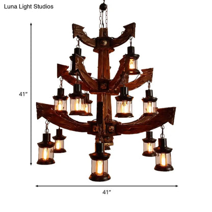 15-Head Wood Black Chandelier - Industrial Tree/Rudder Suspension Lighting Fixture