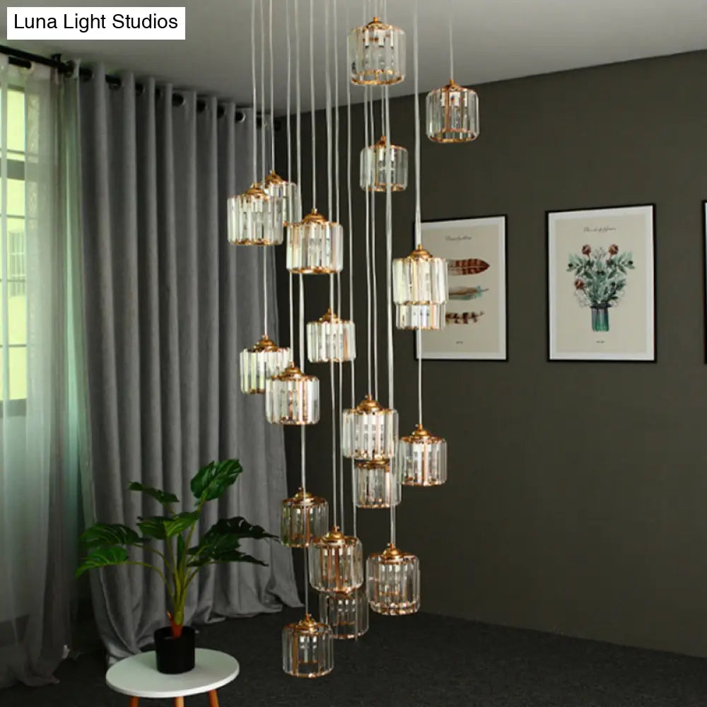 15-Light Modernist Hanging Ceiling Lamp with Amber Crystal Drum Shade for Living Room