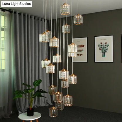 15-Light Modernist Hanging Ceiling Lamp with Amber Crystal Drum Shade for Living Room