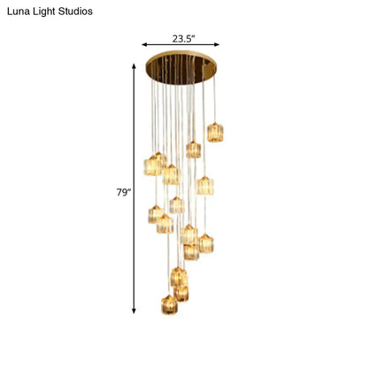 15-Light Modernist Hanging Ceiling Lamp with Amber Crystal Drum Shade for Living Room