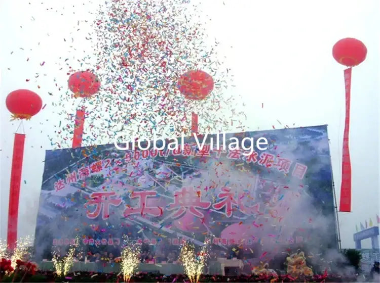 Large blue banner with red chinese characters and white text global village for 150w confetti machine wedding colorful cannon event decor