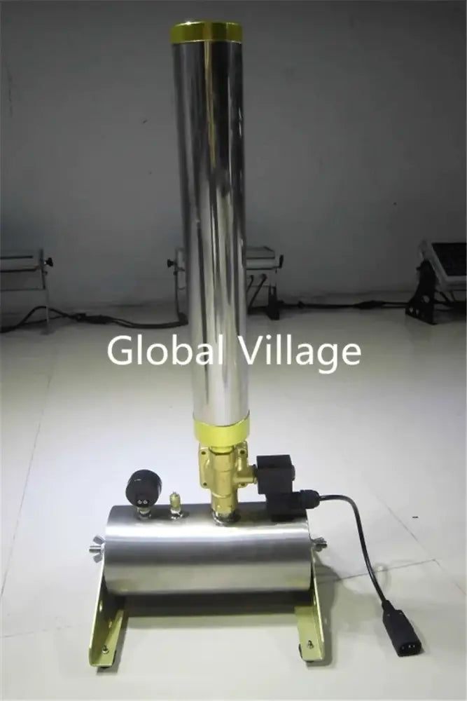 A sleek cylindrical stainless steel 150w confetti machine with gold accents for wedding colorful cannon decor