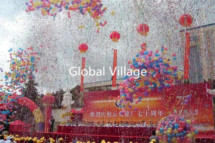 A vibrant red and gold 150w confetti machine banner with chinese characters and colorful balloons for wedding colorful cannon events