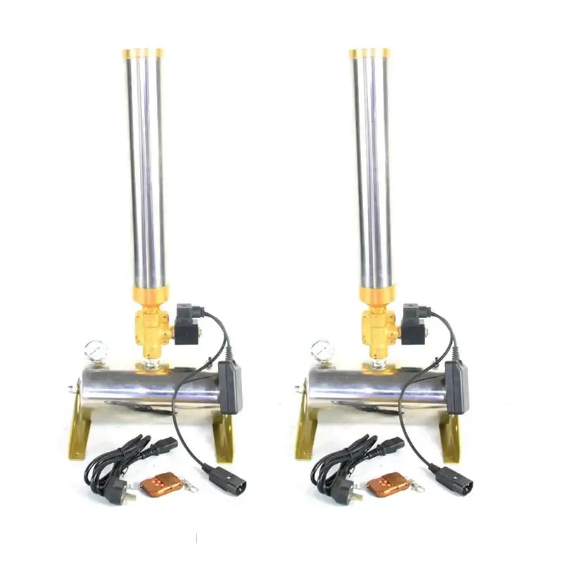 Two identical stainless steel hydraulic pumps with gold fittings and gauges for 150w confetti machine wedding colorful cannon