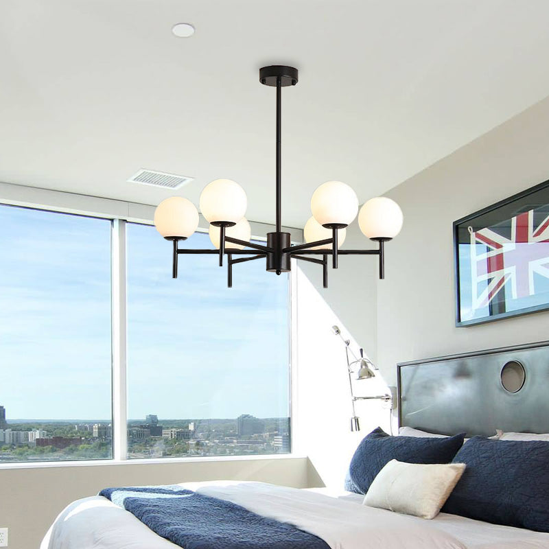 Lámpara de araña contemporánea negra y dorada con forma de globo y diseño radial - 6/8/9 luces, lámpara colgante de cristal opalino