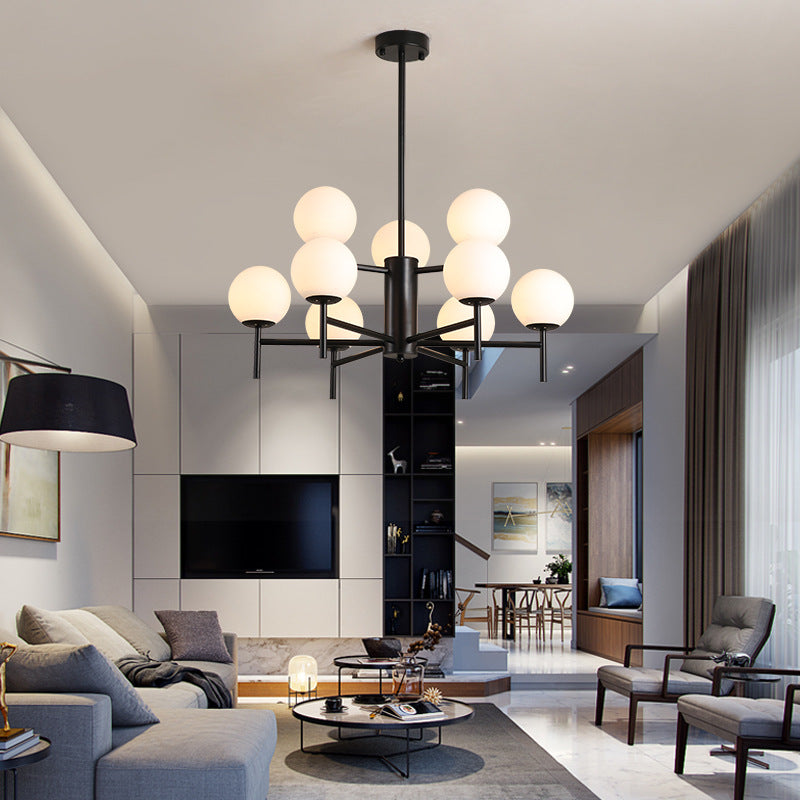 Lámpara de araña contemporánea negra y dorada con forma de globo y diseño radial - 6/8/9 luces, lámpara colgante de cristal opalino