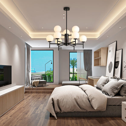 Lámpara de araña contemporánea negra y dorada con forma de globo y diseño radial - 6/8/9 luces, lámpara colgante de cristal opalino