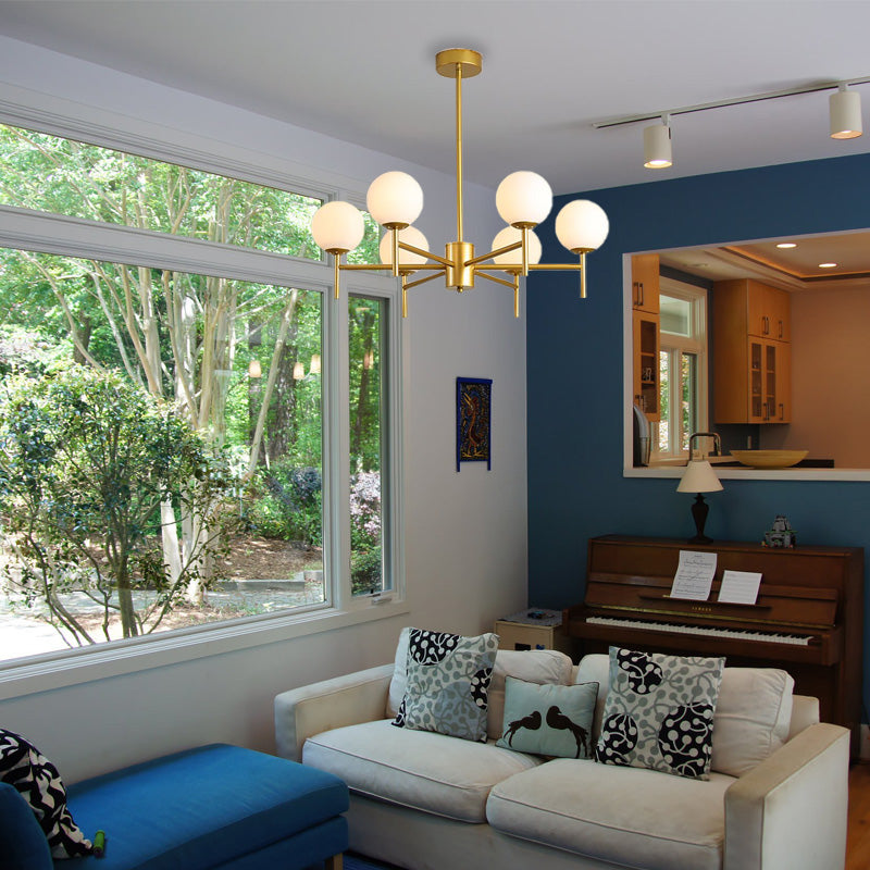 Lámpara de araña contemporánea negra y dorada con forma de globo y diseño radial - 6/8/9 luces, lámpara colgante de cristal opalino