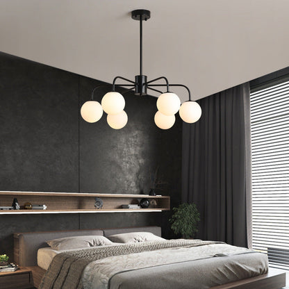 Lámpara de techo moderna con globo de cristal blanco y diseño radial - 6/8/10 luces, lámpara colgante, brazo curvo