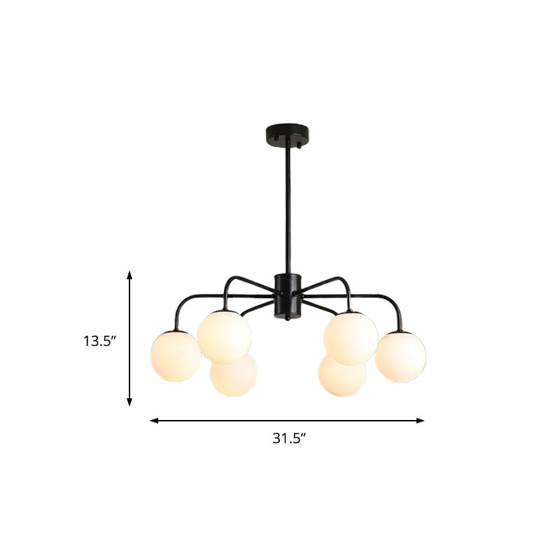 Lámpara de techo moderna con globo de cristal blanco y diseño radial - 6/8/10 luces, lámpara colgante, brazo curvo