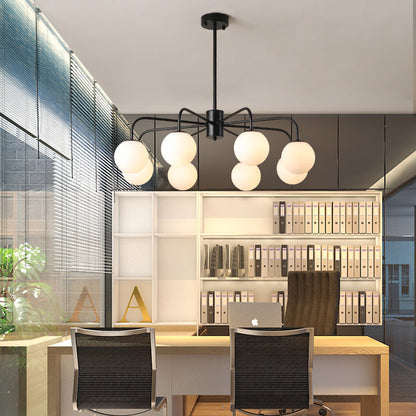 Lámpara de techo moderna con globo de cristal blanco y diseño radial - 6/8/10 luces, lámpara colgante, brazo curvo