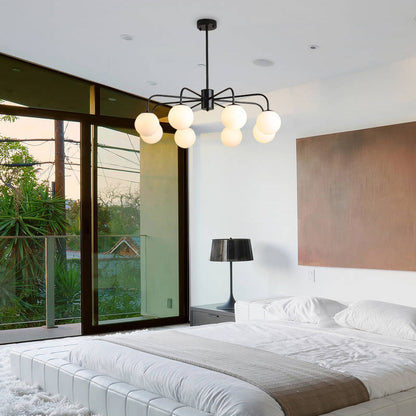 Lámpara de techo moderna con globo de cristal blanco y diseño radial - 6/8/10 luces, lámpara colgante, brazo curvo