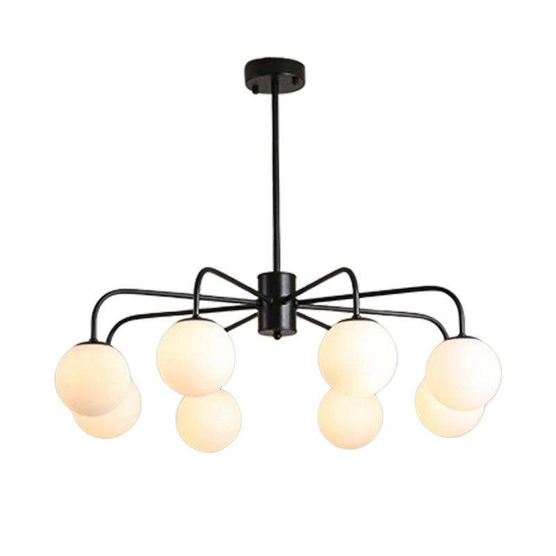 Lámpara de techo moderna con globo de cristal blanco y diseño radial - 6/8/10 luces, lámpara colgante, brazo curvo