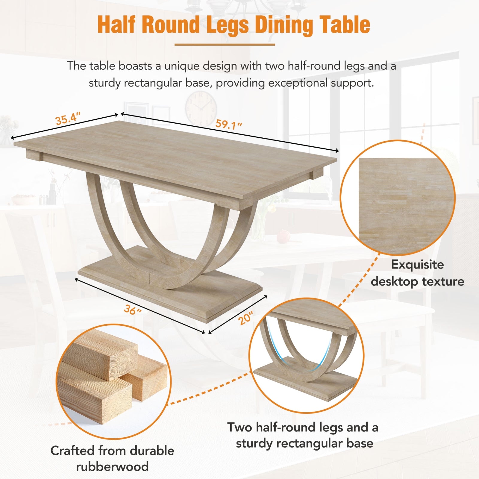Natural Wood Dining Set Half-Round Table Bench
