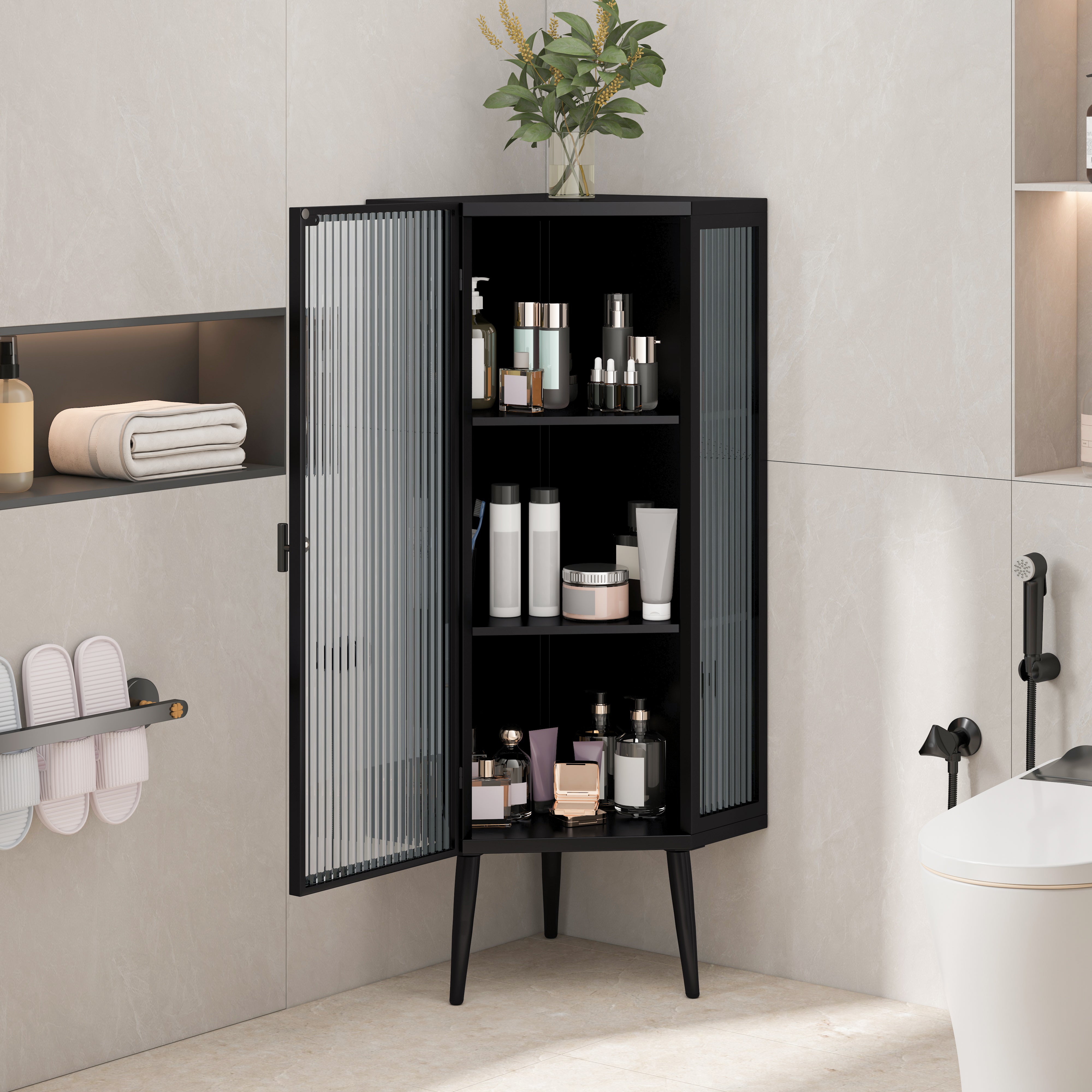 Gabinete de Esquina para Piso de 22.25'', Tres Niveles con Puertas de Vidrio Templado y Estantes de Almacenamiento para Baño, Sala de Estar y Dormitorio Negro