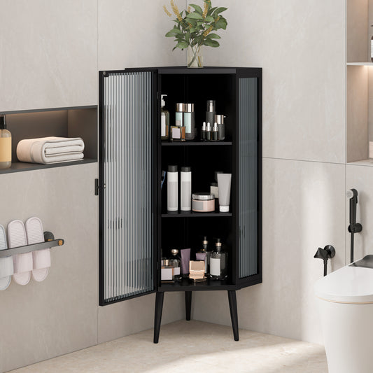 22.25'' Floor Coner Cabinet,Three Tiers With Tempered Glass Doors And Storage Shelves For Bathroom, Living Room And Bedroom Black