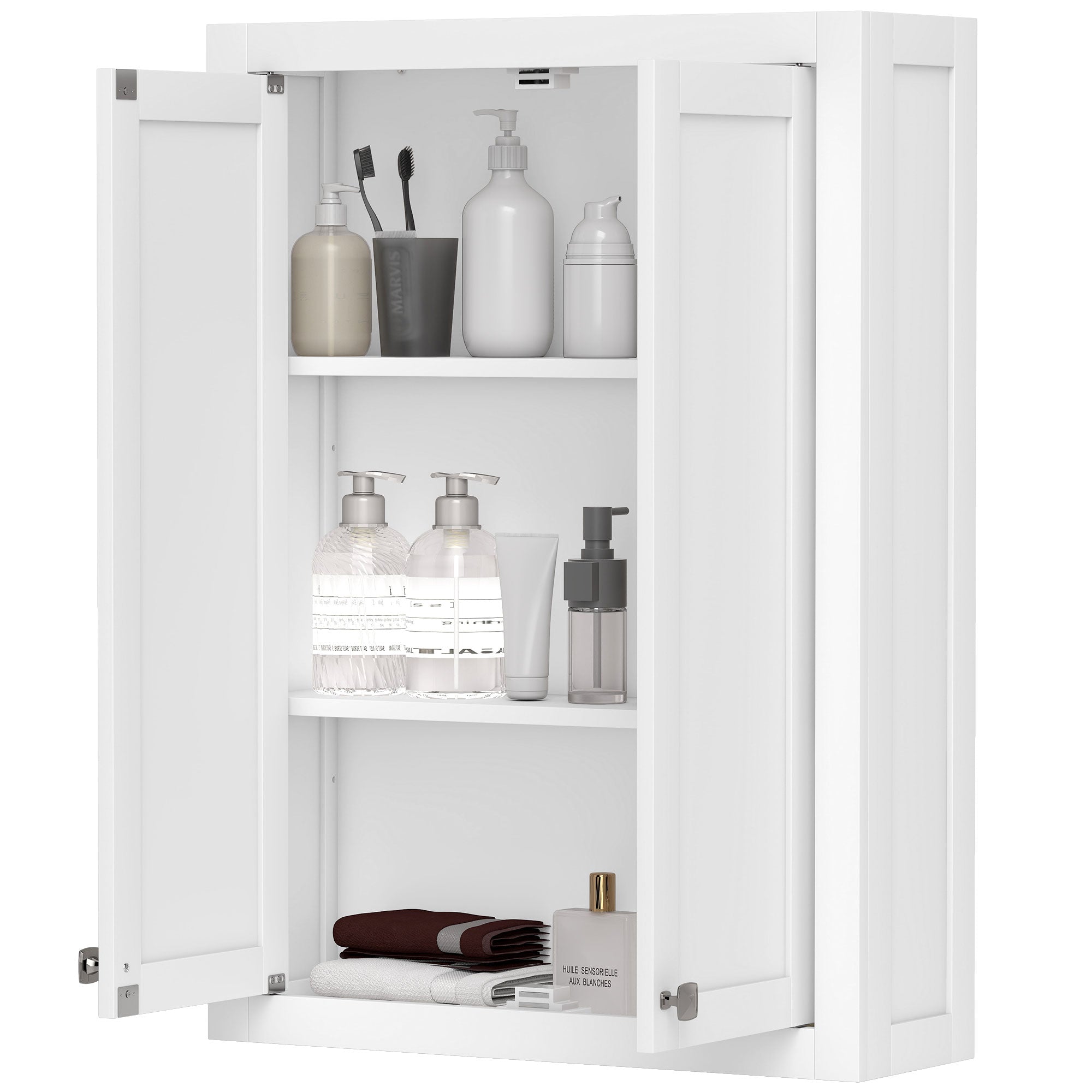 Badezimmerschrank Wandmontiert, Moderner Badezimmerschrank an der Wand mit 2 Türen und 2 einstellbaren Regalen, Weiß