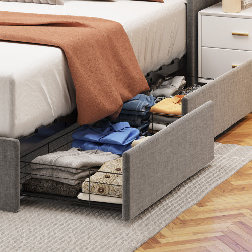 Estructura de Cama de Tamaño Completo con LED, 4 Cajones de Almacenamiento Portátiles Bajo la Cama, Diseño de Cabecero con Alas, Gris Claro