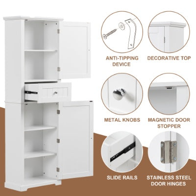 Hohes Badezimmerschrank, Freistehender Stauraumschrank mit Schublade und einstellbarem Regal, MDF-Platte mit lackierter Oberfläche