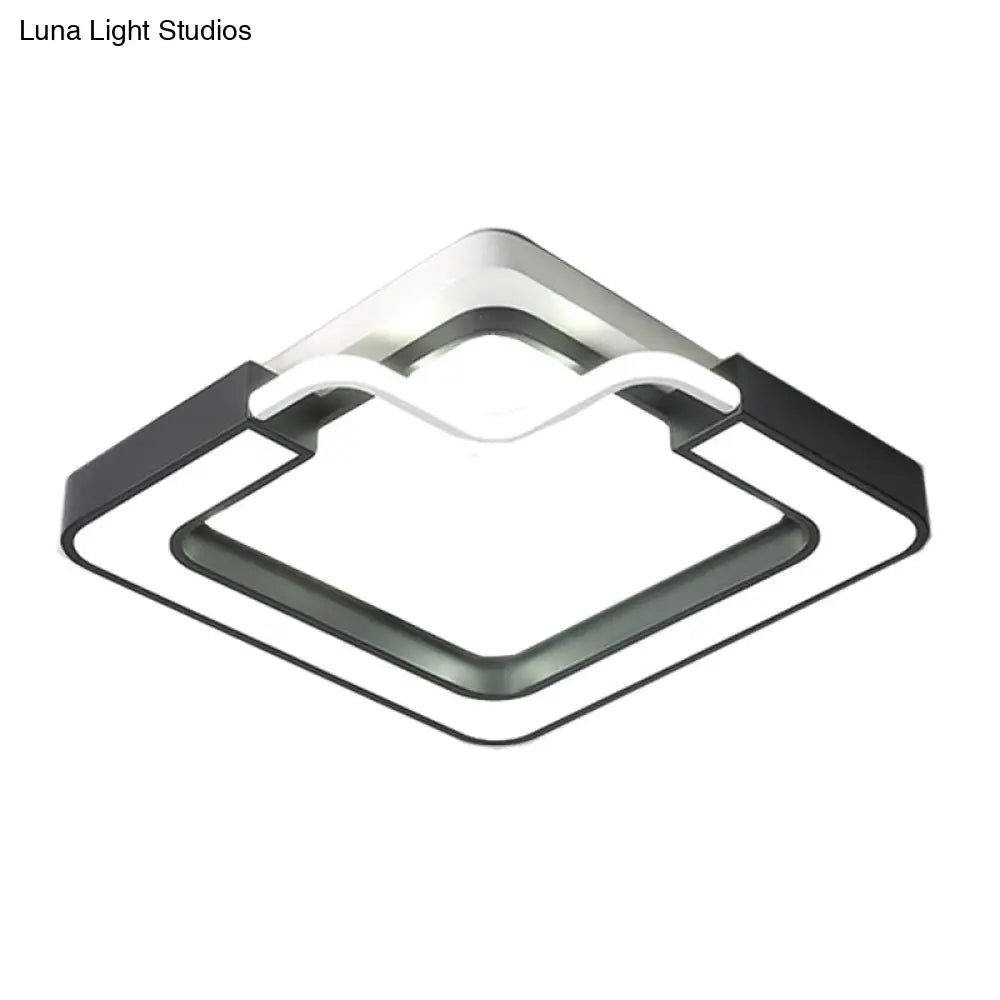 16"/19.5" Contemporary Metal LED Flush Mount Lamp – Black/White Square/Round Ceiling Fixture for Bedroom – White Light