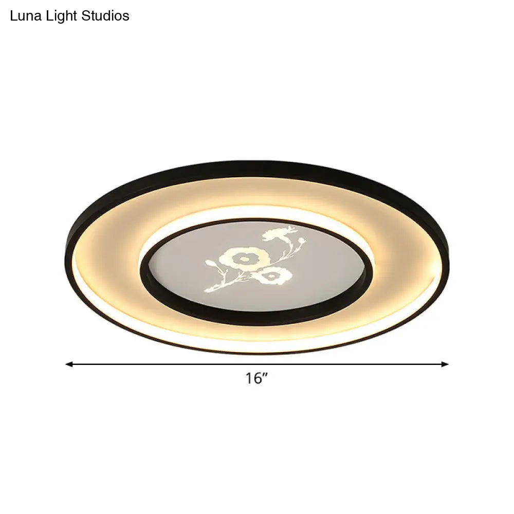 16"/19.5" Modern Round Flush Mount Acrylic LED Ceiling Light Fixture in Black with Flower Pattern, White/Warm Light