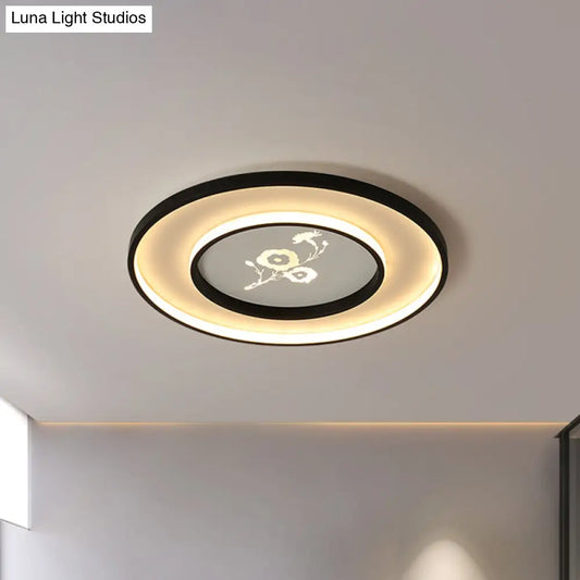 16"/19.5" Modern Round Flush Mount Acrylic LED Ceiling Light Fixture in Black with Flower Pattern, White/Warm Light