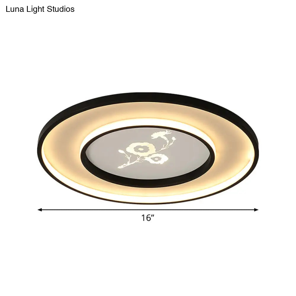 16"/19.5" Modern Round Flush Mount Acrylic LED Ceiling Light Fixture in Black with Flower Pattern, White/Warm Light