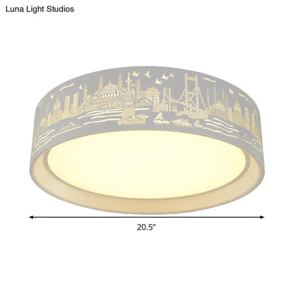 DecorBites™ DecorBites™ 16.5"/20.5" Modern White Carved Metal Drum Flush Lamp with Metropolis Scene - LED Ceiling Light, Warm/White Light, Remote Control Dimming
