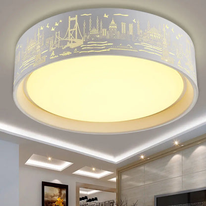 DecorBites™ DecorBites™ 16.5"/20.5" Modern White Carved Metal Drum Flush Lamp with Metropolis Scene - LED Ceiling Light, Warm/White Light, Remote Control Dimming