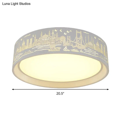 DecorBites™ DecorBites™ 16.5"/20.5" Modern White Carved Metal Drum Flush Lamp with Metropolis Scene - LED Ceiling Light, Warm/White Light, Remote Control Dimming