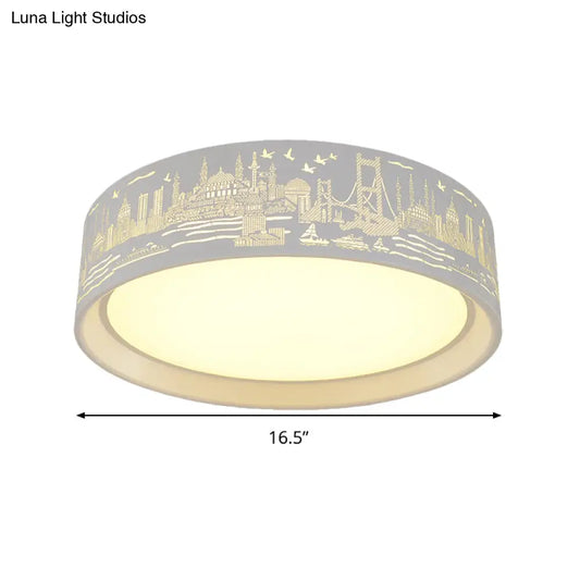 16.5"/20.5" Modern White Carved Metal Drum Flush Lamp with Metropolis Scene - LED Ceiling Light, Warm/White Light, Remote Control Dimming