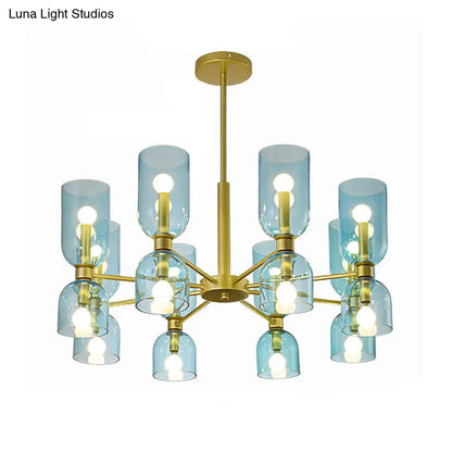 Lámpara de araña modernista de 16 luces en negro/dorado con luz colgante cilíndrica y pantalla de cristal (blanco/azul)