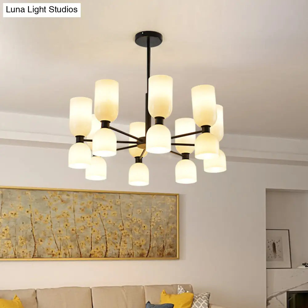 Lámpara de araña modernista de 16 luces en negro/dorado con luz colgante cilíndrica y pantalla de cristal (blanco/azul)
