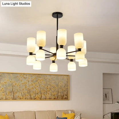 Lámpara de araña modernista de 16 luces en negro/dorado con luz colgante cilíndrica y pantalla de cristal (blanco/azul)