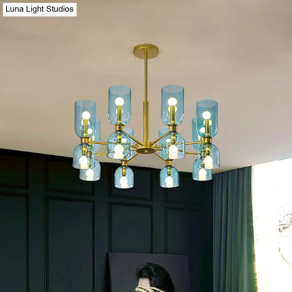 Lámpara de araña modernista de 16 luces en negro/dorado con luz colgante cilíndrica y pantalla de cristal (blanco/azul)