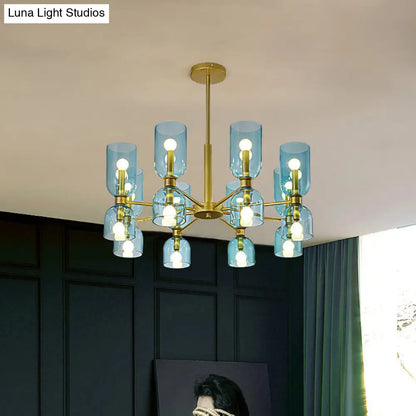 Lámpara de araña modernista de 16 luces en negro/dorado con luz colgante cilíndrica y pantalla de cristal (blanco/azul)